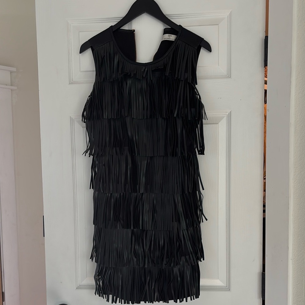 Anthropologie Black Fringe Mini Dress S